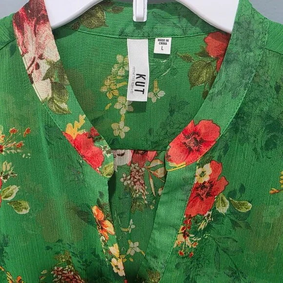 Kut From The Kloth Green Floral Button Up Blouse Women’s Large Sheer - Picture 2 of 6